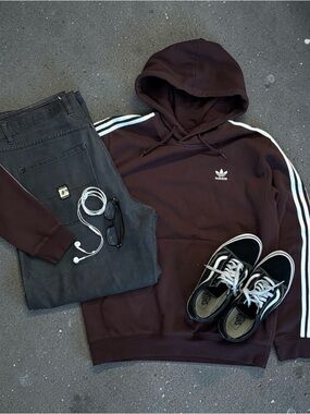 Adidas Men's Chocolate Hoodie with White Accents